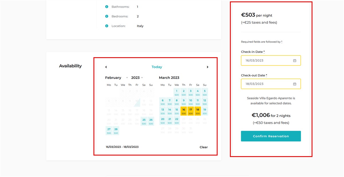 A clickabale availability calendar in the Booklium theme.