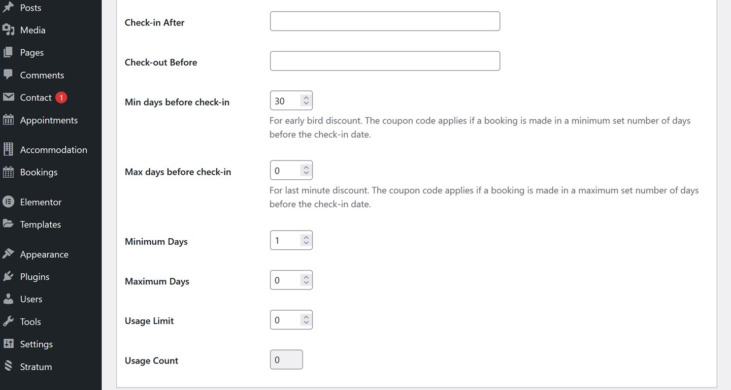 The MotoPress Hotel Booking discount coupon settings.