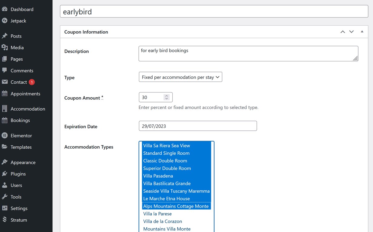 The discount soupon types in MotoPress Hotel Booking.