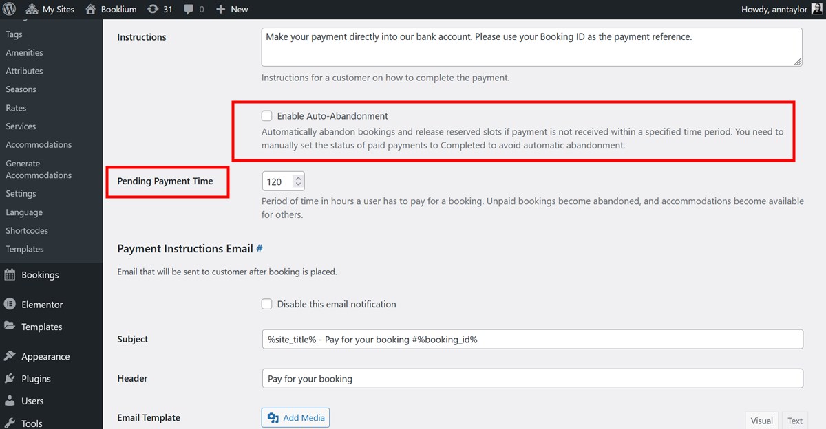 Auto abandonment of bookings settings in the direct transfer method.