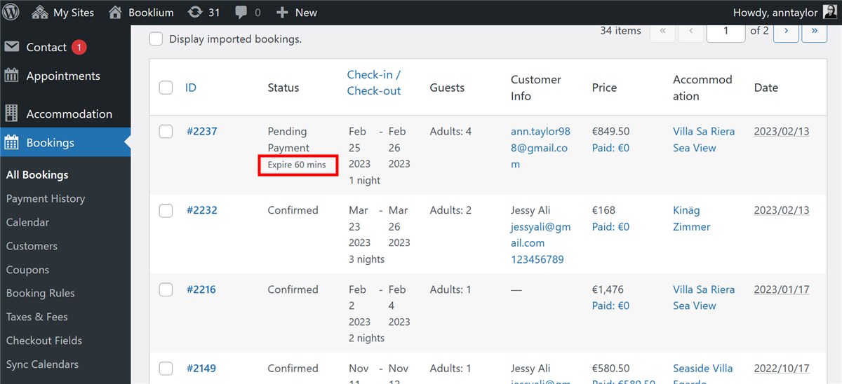 The expiration link in the Bookings menu.